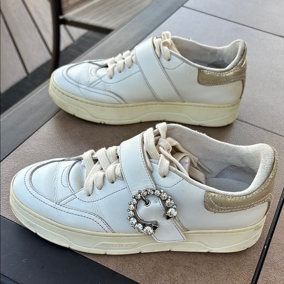 Jimmy Choo Ladies White Leather Silver Rhinestone C Sneakers-7 - Picture 1 of 14
